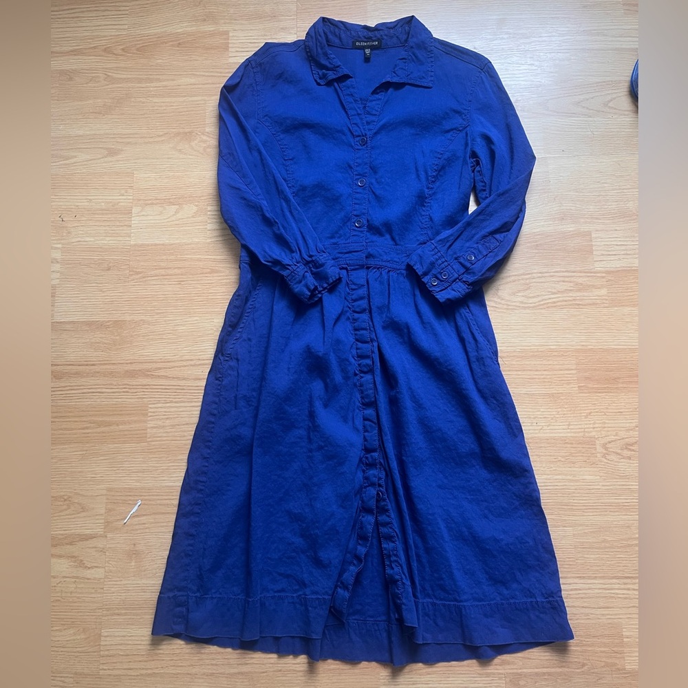 Eileen Fisher linen blend button front dress colbalt midi blue XS collar prep